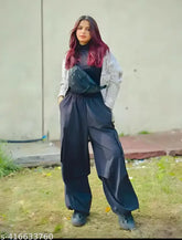 Black polyester cargo pants with baggy style, ideal for casual wear, made in India